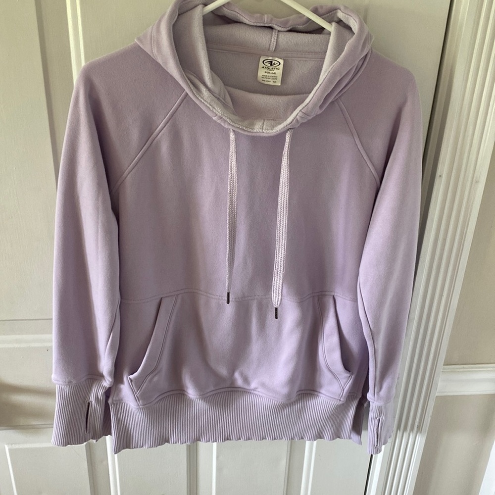 women’s lavender hoodie with front pocket, drawstring hood, small slit on sides